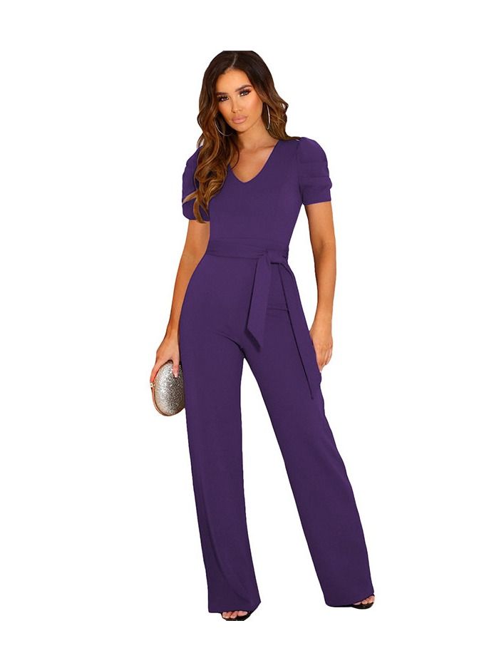 Loquat Summer New Temperament Lace-up Solid Color V-neck Short Sleeved Wide Leg Closed Waist Jumpsuit - Image 1