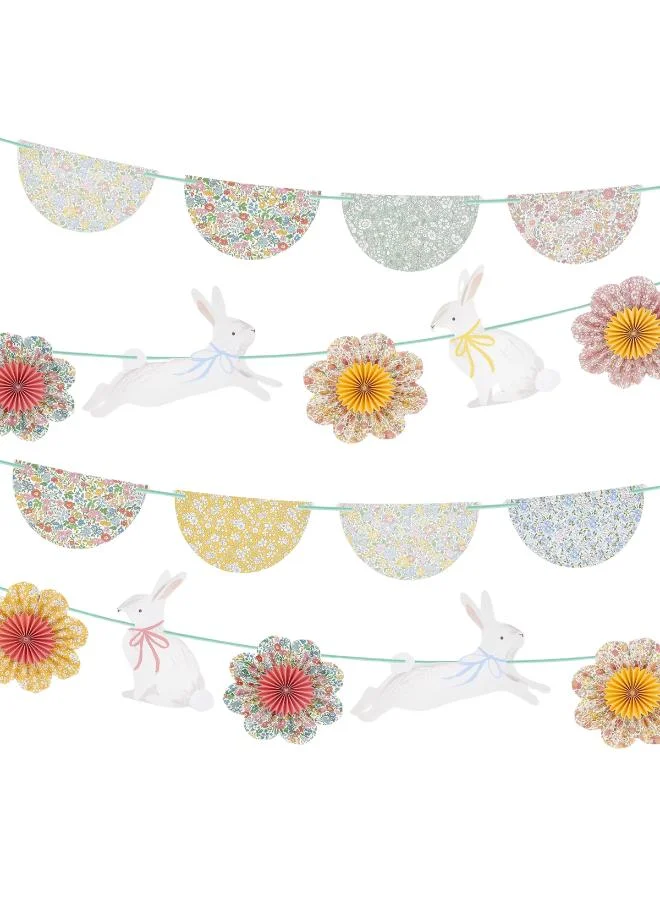 x Liberty Bunny Garland Set - 2 Paper Garlands with Liberty Floral Scalloped Pennants, Bunny Shapes and Pinwheel Flowers with Gold Foil, Stylish Easter Party Decoration