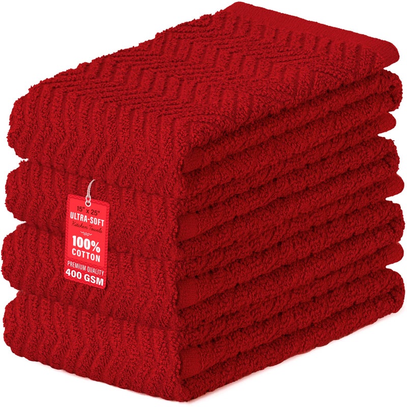 DecorRack 100 Cotton Kitchen Towels 15 x 25 Absorbent Dish Towels Premium Quality 400 GSM Red Pack of 4