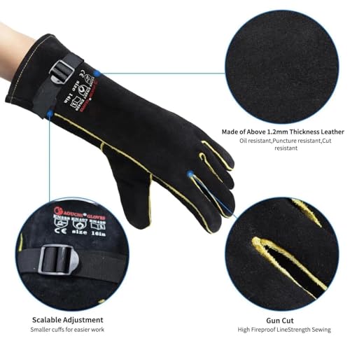 AOUCHI 16 Inch Leather Welding Gloves, 932℉ Heat & Fire Resistant, Large Black Mitts for Welding, BBQ, Oven, Grill, Fireplace, Forge, Furnace, Stove, Pot Holder & Animal Handling - Image 2