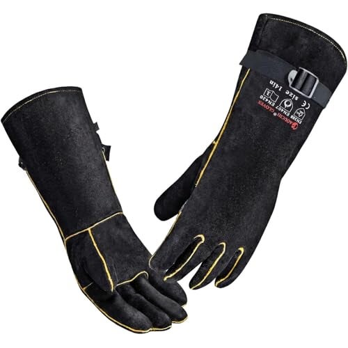AOUCHI 16 Inch Leather Welding Gloves, 932℉ Heat & Fire Resistant, Large Black Mitts for Welding, BBQ, Oven, Grill, Fireplace, Forge, Furnace, Stove, Pot Holder & Animal Handling - Image 1