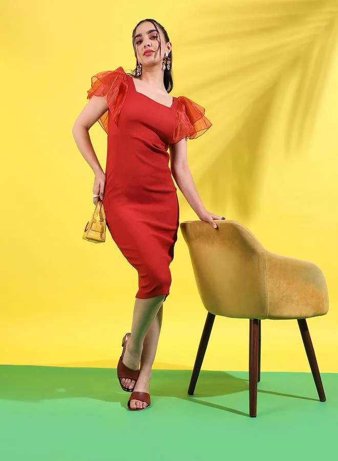 Campus Sutra Ruffle Sleeve Sheath Dress