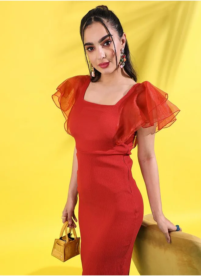 Campus Sutra Ruffled Organza Sleeve Bodycon Midi Dress by Styli