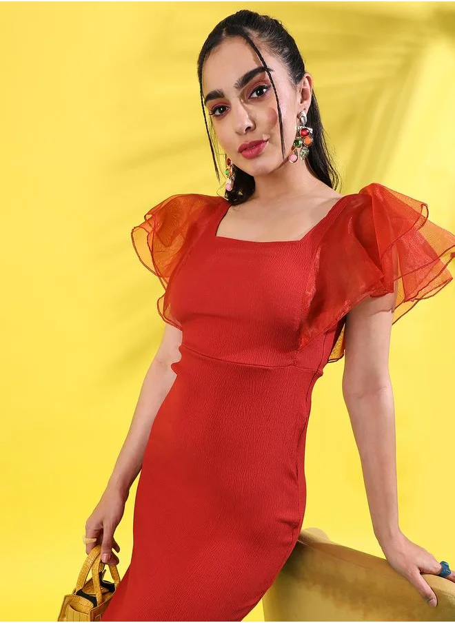 Campus Sutra Ruffled Organza Sleeve Bodycon Midi Dress by Styli