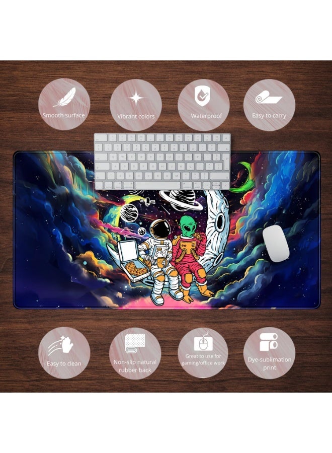 Funny Space Mouse Pad Desk Mat Astronaut Alien Large Gaming Mouse Pads Anime Desk Pad Mousepad XXL Cool Trippy Universe Extended Keyboard Mat with Stitched Edges Anti-Slip, 31.5 X 15.8 in - Image 2