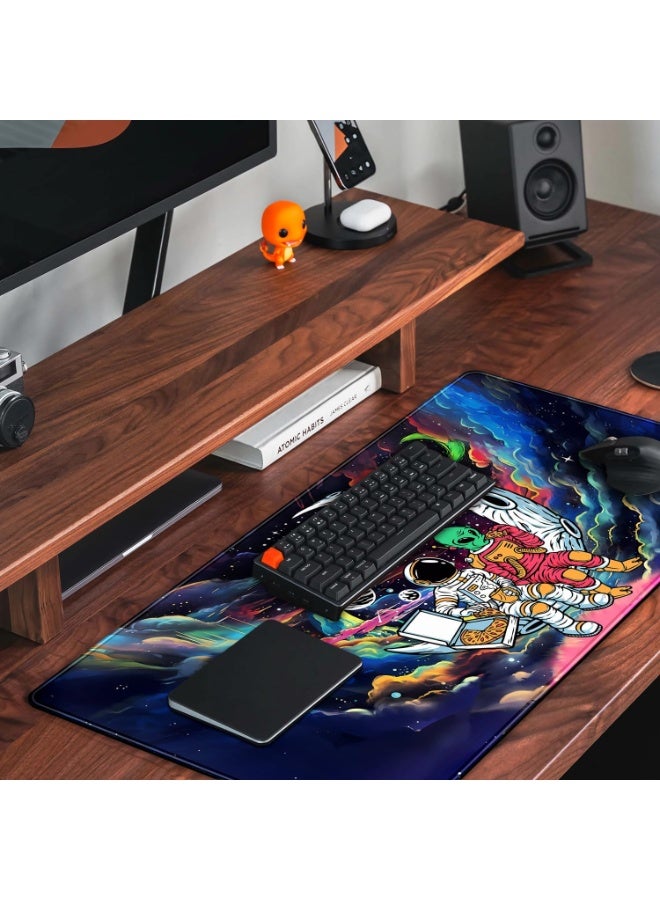 Funny Space Mouse Pad Desk Mat Astronaut Alien Large Gaming Mouse Pads Anime Desk Pad Mousepad XXL Cool Trippy Universe Extended Keyboard Mat with Stitched Edges Anti-Slip, 31.5 X 15.8 in - Image 3