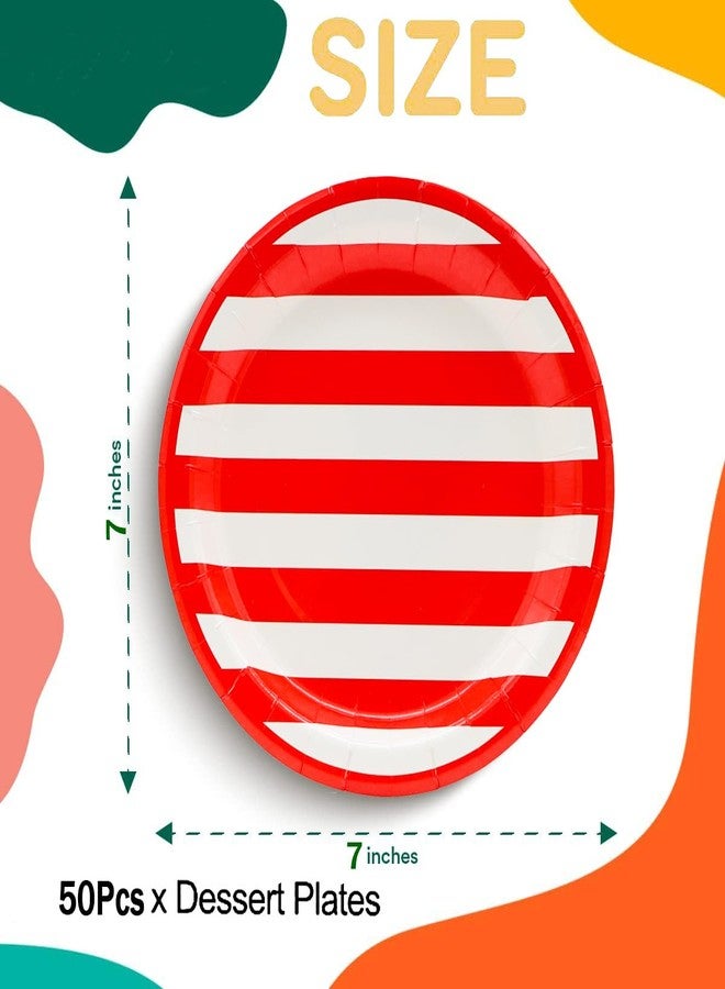 HSPAIDYP 50Pcs Red and White Stripes Party Supplies Red & White Stripes Plates 7"Red Striped Dessert Paper Plates Carnival Party Theme Circus Picnic BBQ Holiday Wedding 4th of July Red Birthday Party Decor - Image 3