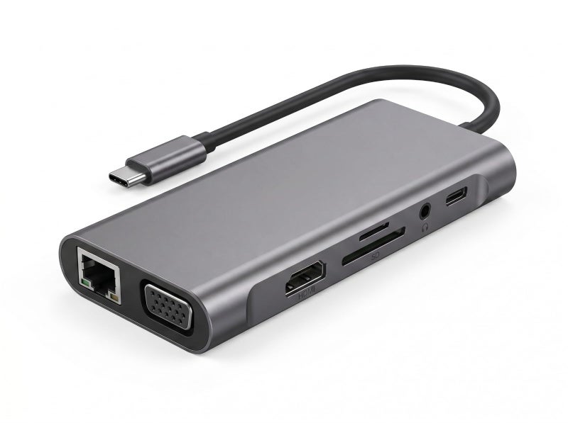 USB Type-C Multiport Adapter 10 in 1 Grey, Support 4K Display, 1000M LAN, VGA, USB 3.0, SD/TF Card Reader, PD Charging - Image 1