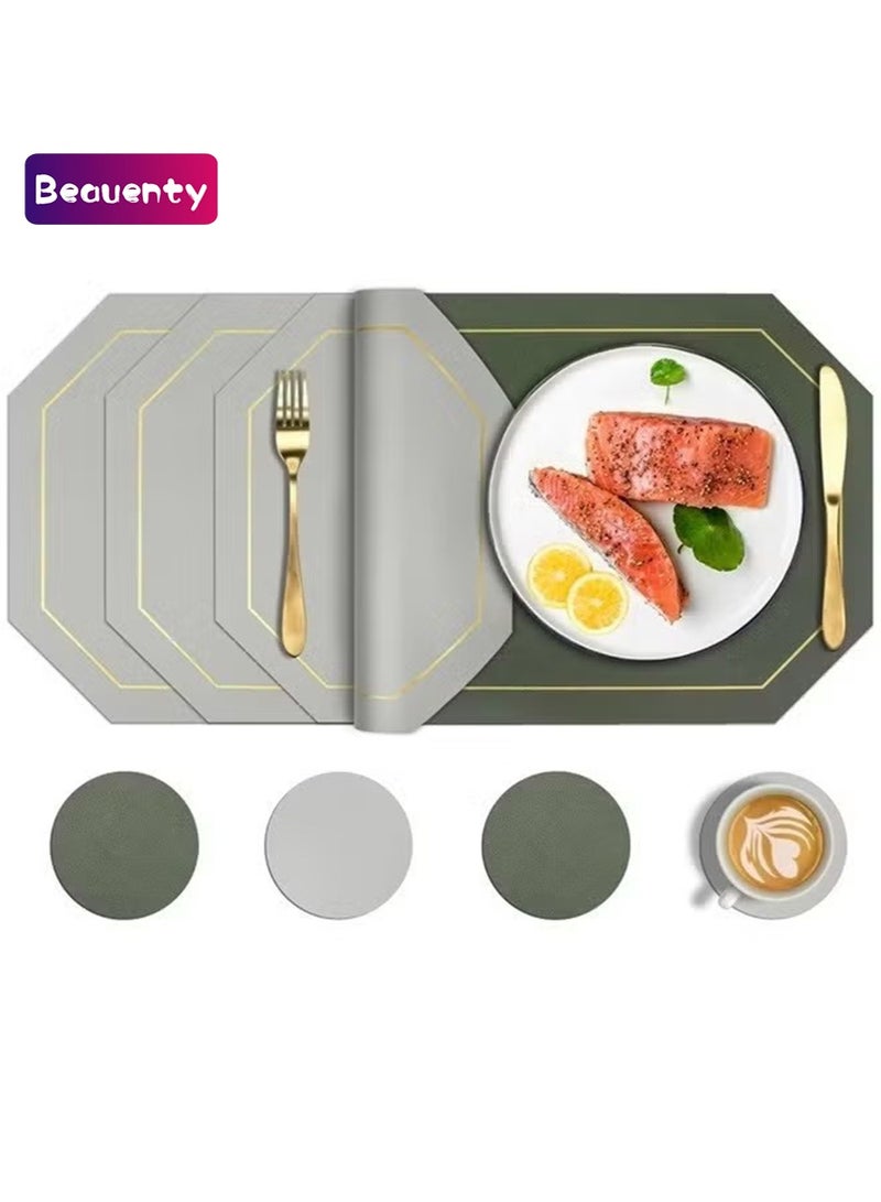 Beauenty 4 Piece Set of Octagonal Table Placemats，Including 4 Placemats and 4 Coasters， Dual Sided Table Placemats Non-Slip Placemats Wipe Clean Stain Resistant Placemats，43x30cm,Green&Grey - Image 1