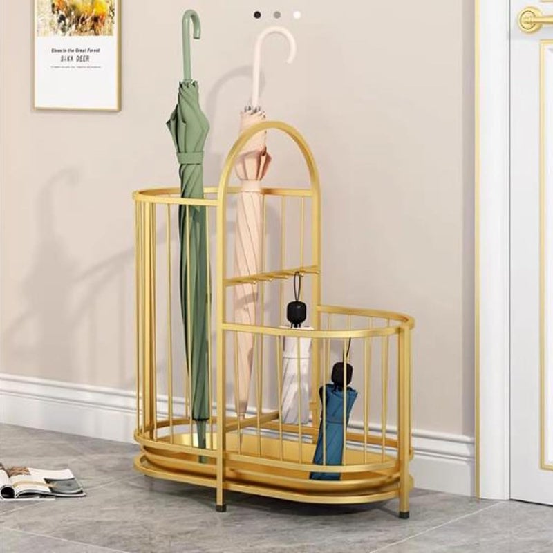 INDIDECOR INDIDECOR 567794 Double Layer Metal Umbrella Stands Holder for Entryway Umbrella Stand Hollow Umbrella Bucket Free Standing Bin with Hooks and Water Tray for Home Office Golden  - Image 4