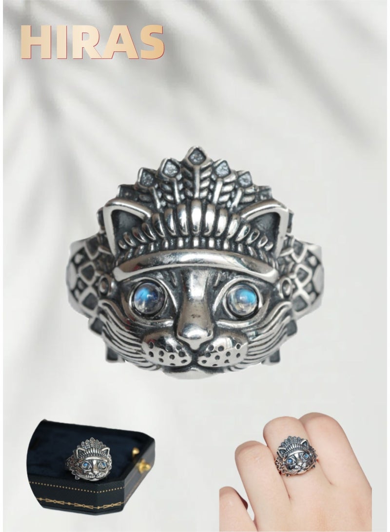 Hiras Vintage Moonstone Cat with Crown Adjustable Ring for Men, Thai Silver with Sri Lankan Moonstone Cat Eye, Blue Flash & Iridescent Glow - Image 1