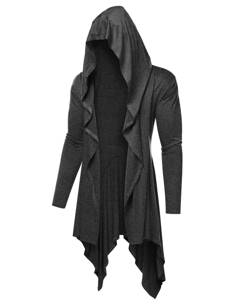 COOFANDY Men's Long Hooded Cardigan Ruffle Shawl Collar Open Front Lightweight Drape Cape Overcoat with Pockets Dark Grey - Image 1