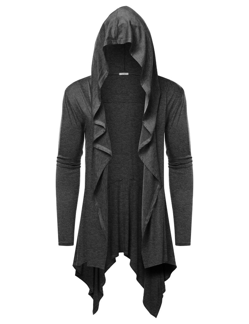 COOFANDY Men's Long Hooded Cardigan Ruffle Shawl Collar Open Front Lightweight Drape Cape Overcoat with Pockets Dark Grey - Image 2