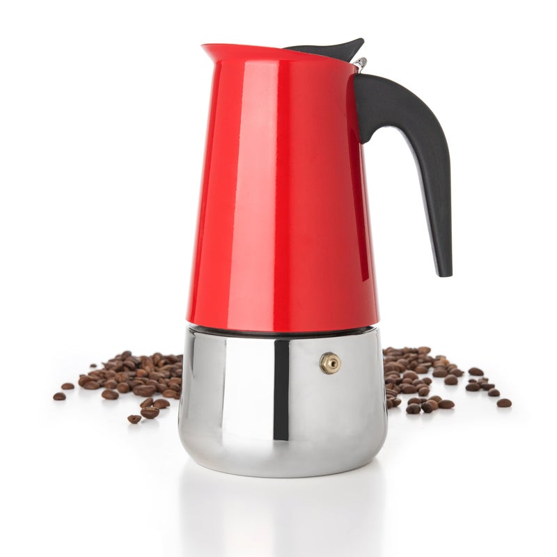Mixpresso Red 6 Cup Greca Stovetop Espresso Pot 300ml10oz Moka Pot with Coffee Percolator Design Stainless Steel Stove Top Coffee Maker for Camping or Home UseItalian Stovetop Espresso Maker