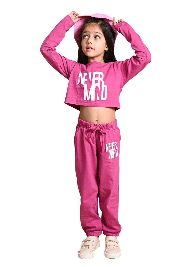 LILPICKS Girls Never Mind Printed Crop Top with Jogger Set (Pink) (8-10Y) - Image 1