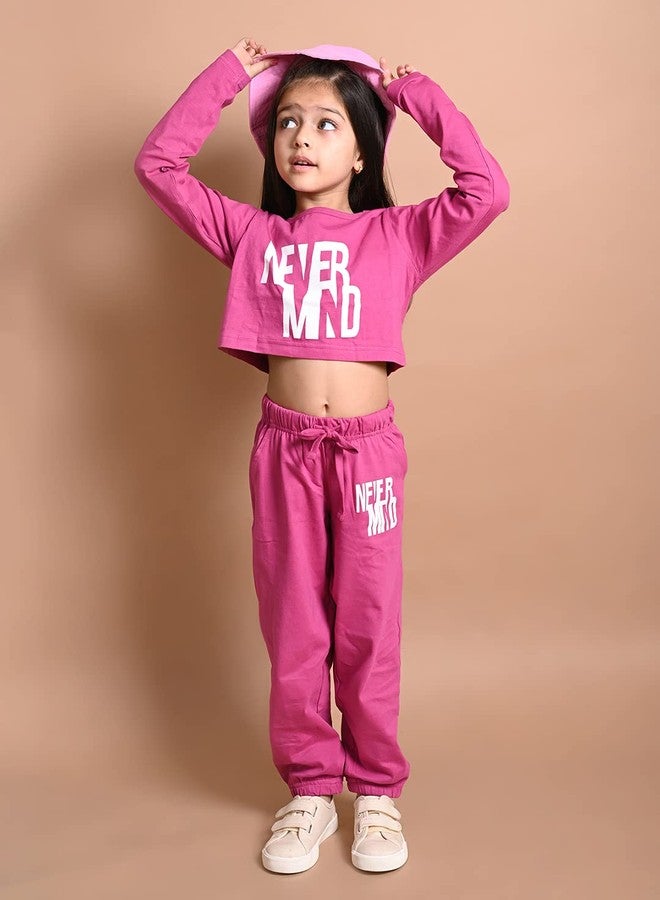 LILPICKS Girls Never Mind Printed Crop Top with Jogger Set (Pink) (8-10Y) - Image 3