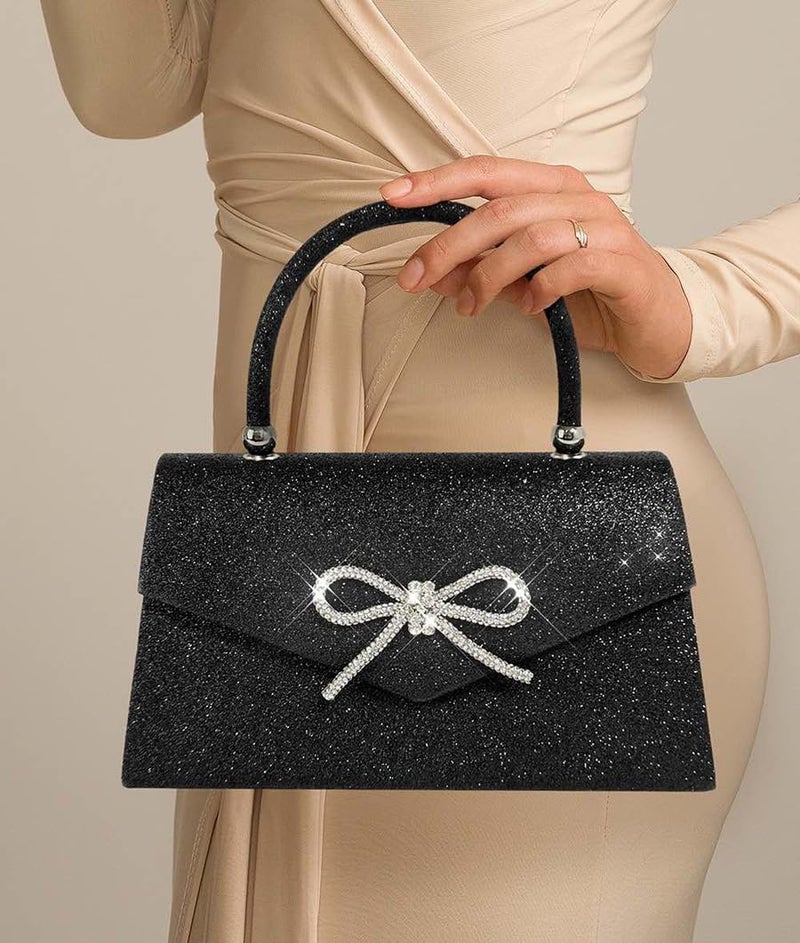 Trisapu Womens Evening Bag Sparkly Bow Clutch Purse Wedding Party Purses Glitter Rhinestone Cocktail Prom Handbags Black - Image 2