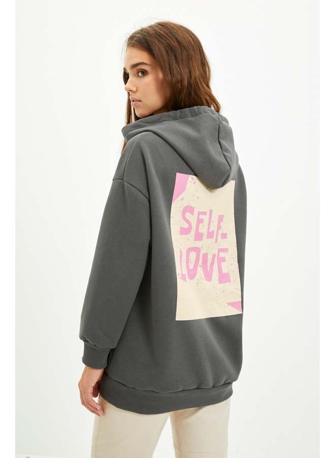 trendyol Anthracite Back with Print Detail Oversized/Wide Fit, Fleece Inside Knitted Sweatshirt TWOAW22SW0687. - Image 1