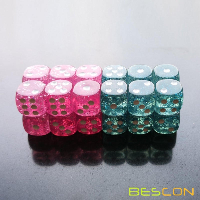 Bescon Ethereal Glitter 12mm 6 Sided Game Dice Set of 24pcs in Velvet Drawstring Pouch, Pink and Teal (12pcs of Each Color) - Image 2