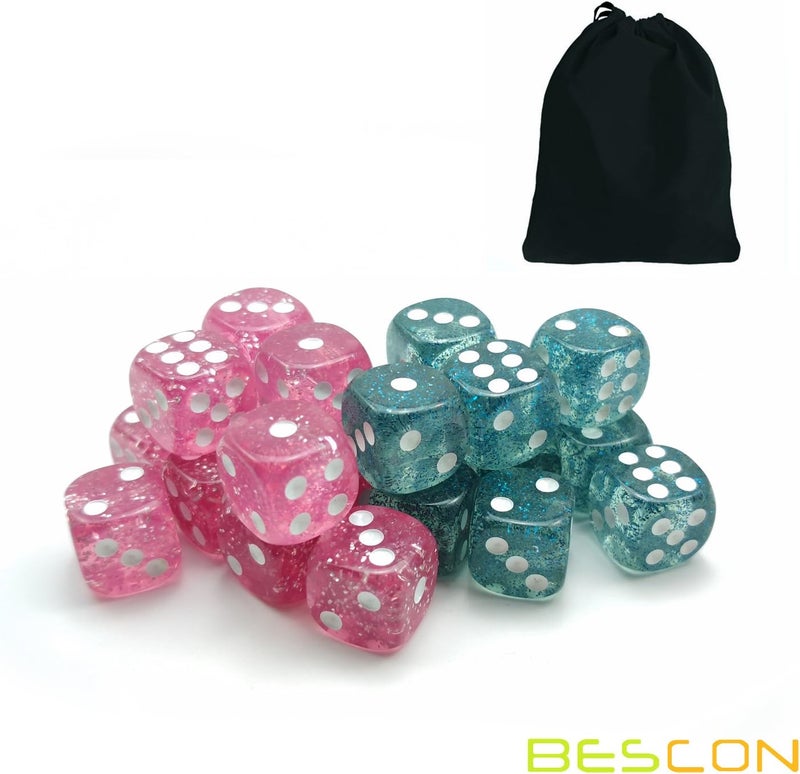 Bescon Ethereal Glitter 12mm 6 Sided Game Dice Set of 24pcs in Velvet Drawstring Pouch, Pink and Teal (12pcs of Each Color) - Image 5