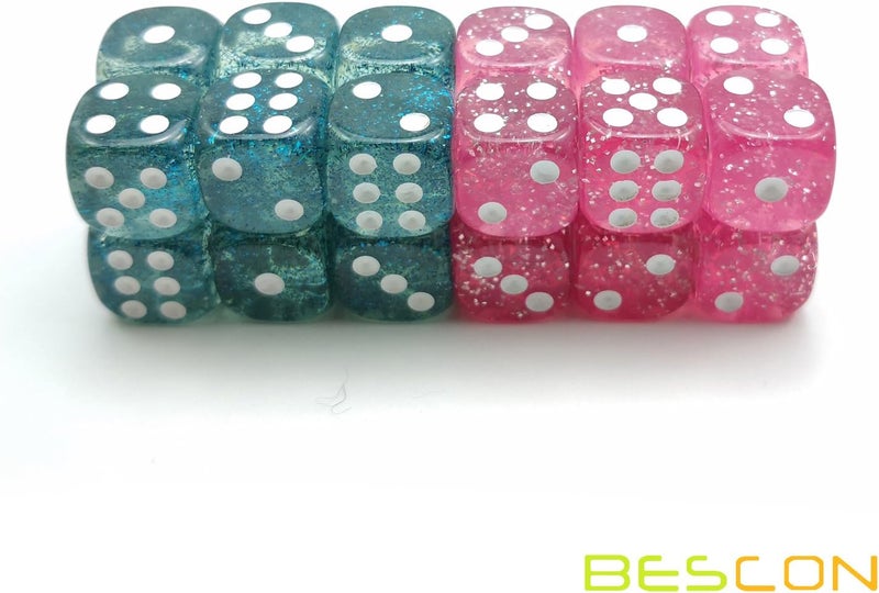 Bescon Ethereal Glitter 12mm 6 Sided Game Dice Set of 24pcs in Velvet Drawstring Pouch, Pink and Teal (12pcs of Each Color) - Image 3