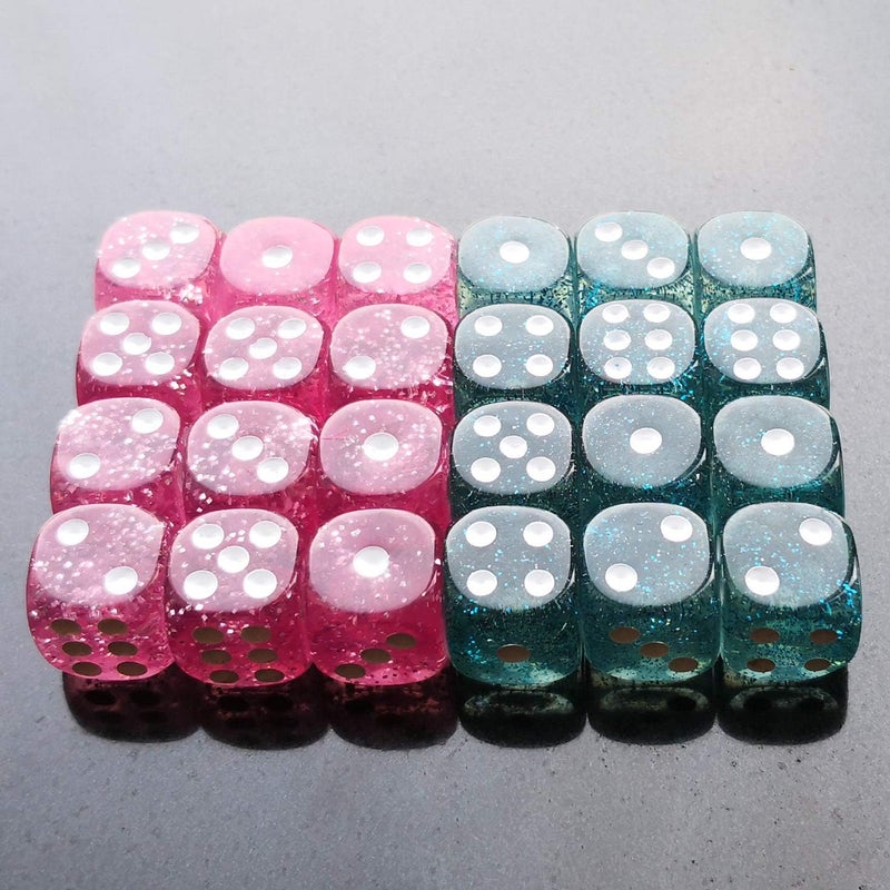 Bescon Ethereal Glitter 12mm 6 Sided Game Dice Set of 24pcs in Velvet Drawstring Pouch, Pink and Teal (12pcs of Each Color) - Image 1