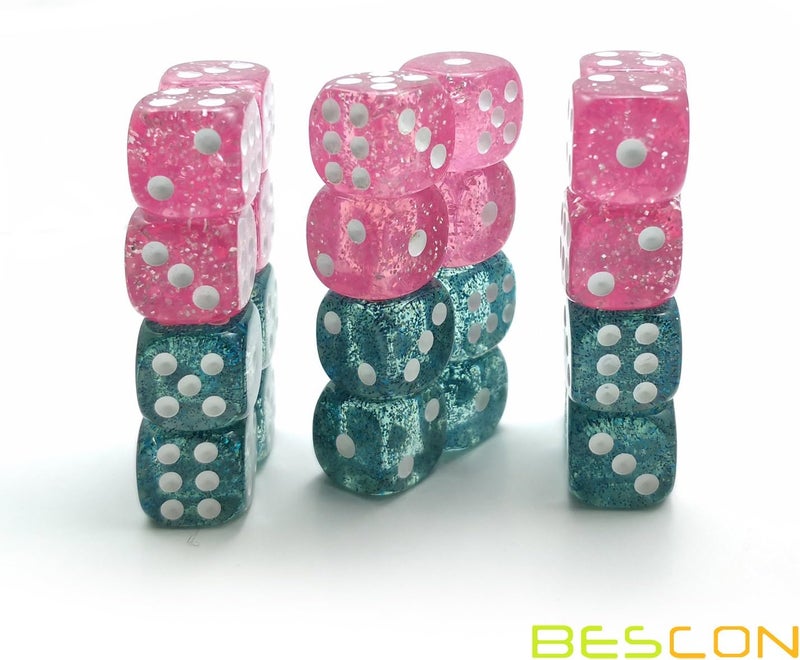 Bescon Ethereal Glitter 12mm 6 Sided Game Dice Set of 24pcs in Velvet Drawstring Pouch, Pink and Teal (12pcs of Each Color) - Image 4