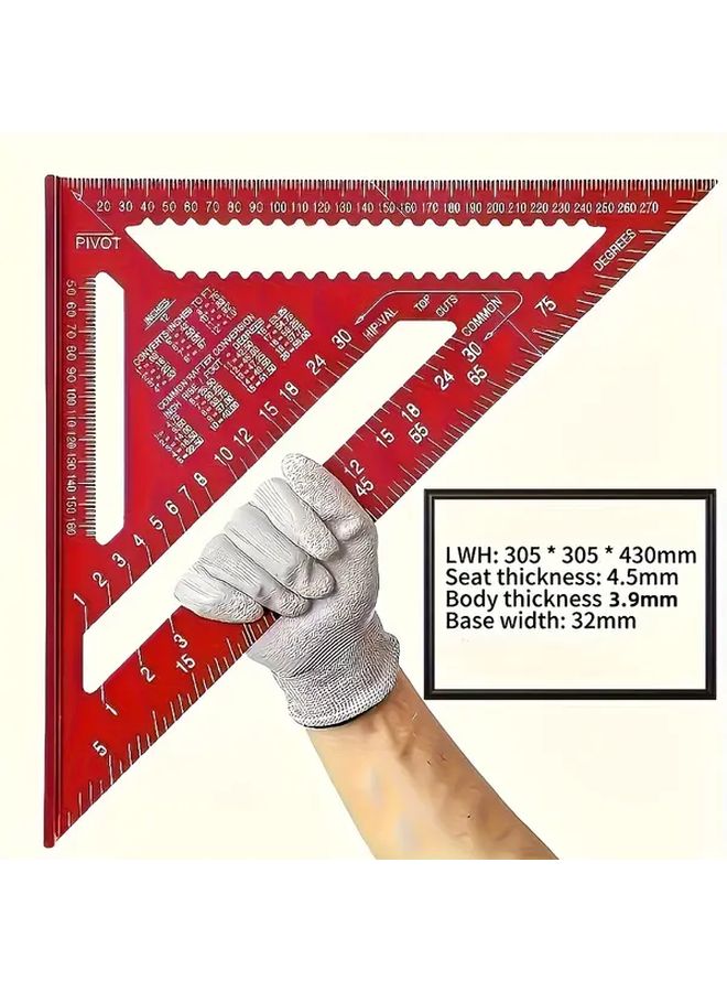 Red 12 Inch Aluminum Alloy Triangle Square Protractor with Metric Markings for Woodworking - Image 2