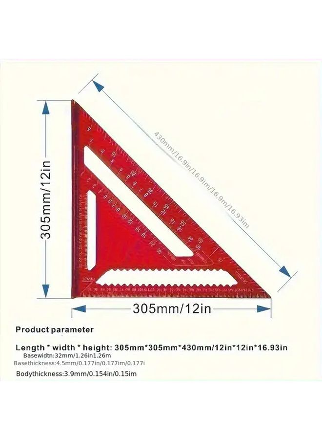 Red 12 Inch Aluminum Alloy Triangle Square Protractor with Metric Markings for Woodworking - Image 3