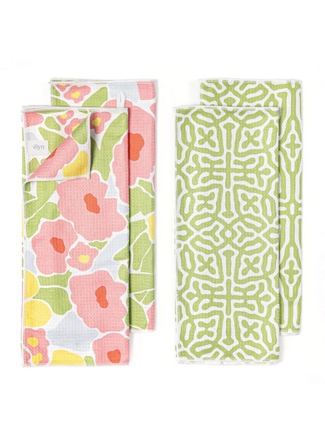 ELYN Microfiber Kitchen Dish Towel Set, Quick-Dry & Absorbent Waffle Weave Cleaning Towels, Set of 4 Kitchen Towels, Paper Towels Alternative (Bold Floral & Geo) - Image 1