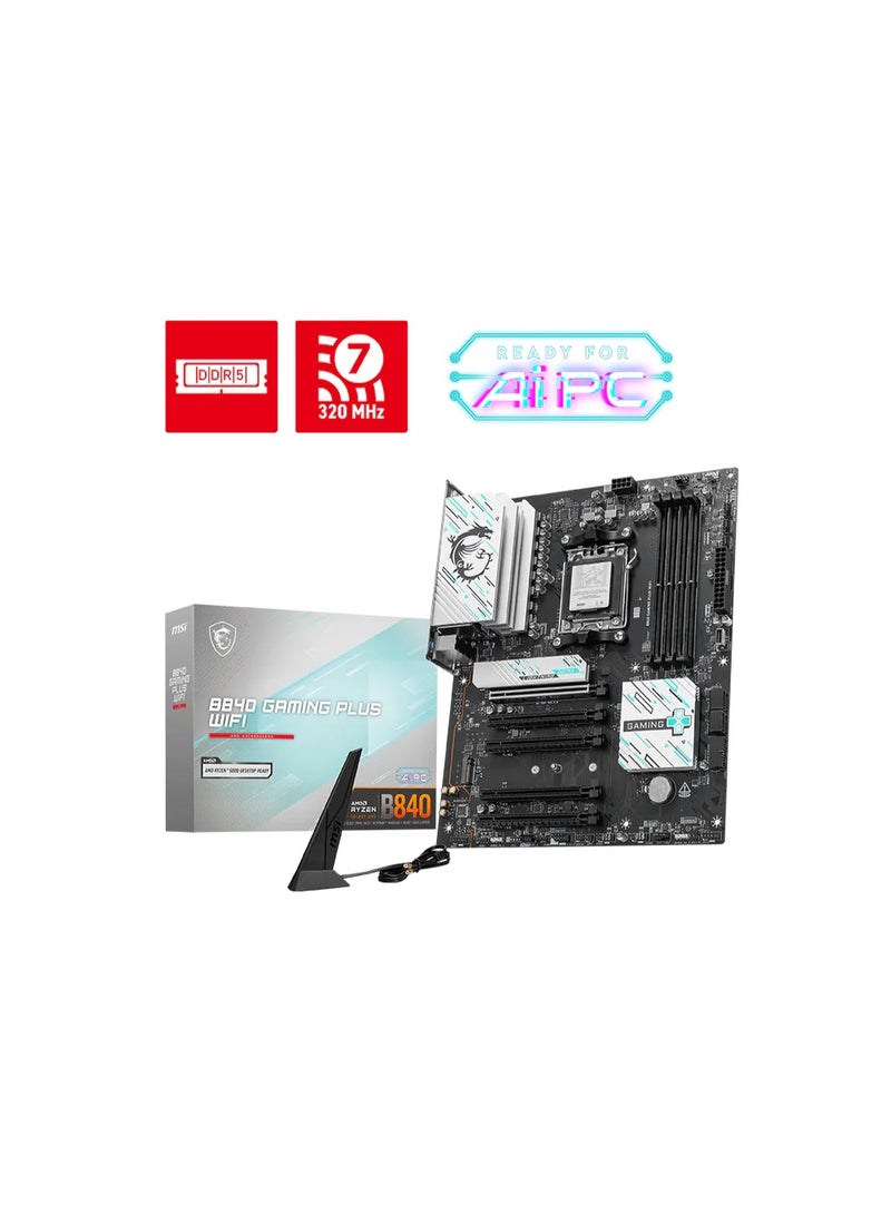 MSI B840 GAMING PLUS WIFI ATX Motherboard – AMD AM5, B840 Chipset, DDR5 256GB (OC 8000+ MT/s), 2× M.2 PCIe 4.0, 4× SATA 6Gb/s, PCIe x16, Wi-Fi 7, 2.5Gb LAN, Realtek 7.1 Audio, HDMI 2.1, USB-C, Flash BIOS, Clear CMOS – Black | 911-7E57-002 - Image 1