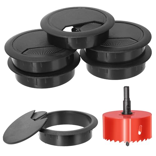 Swpeet 6Pcs Black Desk Cable Wire Grommet Cord with Hole Saw Tidy Cable Hole Cover Organizers Desk Wire Cord Cable Grommets Hole Cover 1Pcs 236Inch_60mm Tools Hole Saw with Arbor for Office Desk - Image 1