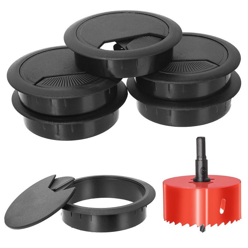 Swpeet 6Pcs Black Desk Cable Wire Grommet Cord with Hole Saw Tidy Cable Hole Cover Organizers Desk Wire Cord Cable Grommets Hole Cover 1Pcs 236Inch_60mm Tools Hole Saw with Arbor for Office Desk - Image 2