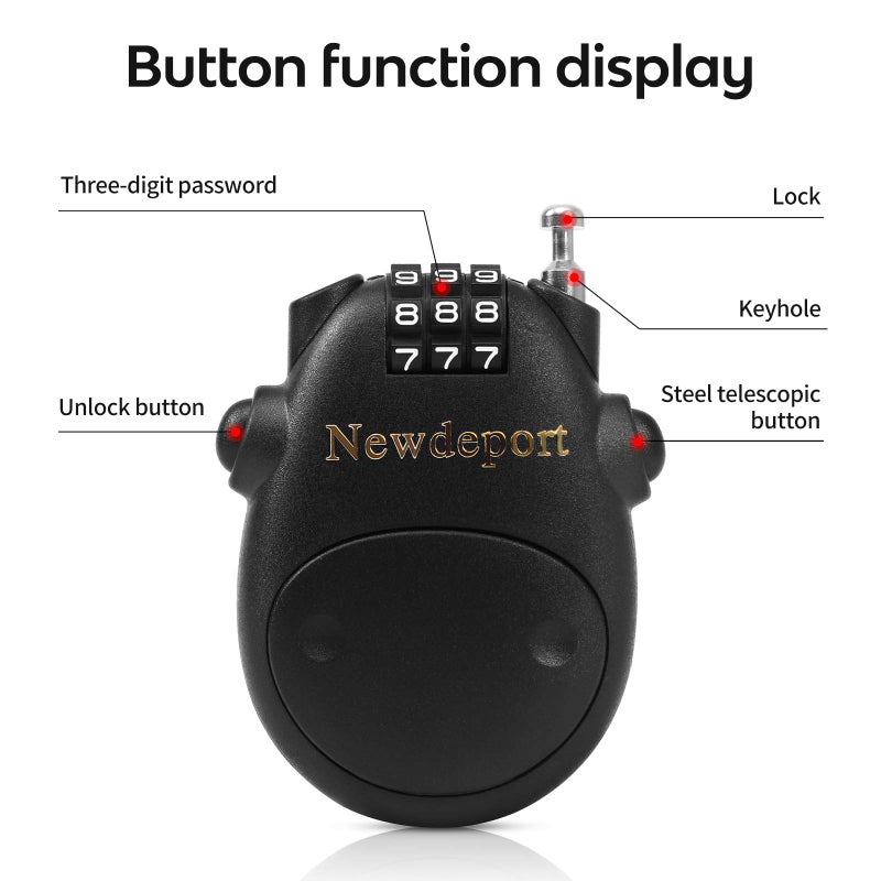 Newdeport 2â€²5â€³Retractable Cable Lock - High-Security 3-Digit Combination Lock for Bike, Ski, Surfboard & Stroller - Compact Portable Travel Lock for Helmet, Luggage & Scooter - Keyless & Resettable - Image 2