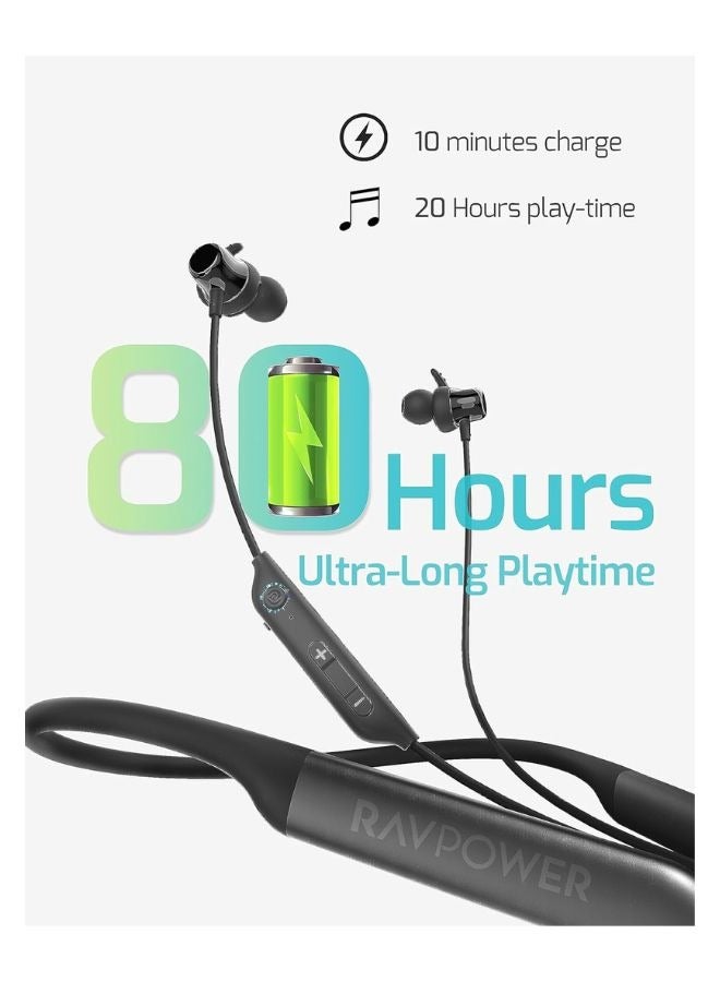 RAVPOWER Wireless Earbuds 120H Battery Life Fast Charging Magnetic Neckband Earphones IPX5 Waterproof Sports Headphones Clear Calls Black RP-BH1003 Black - Image 3