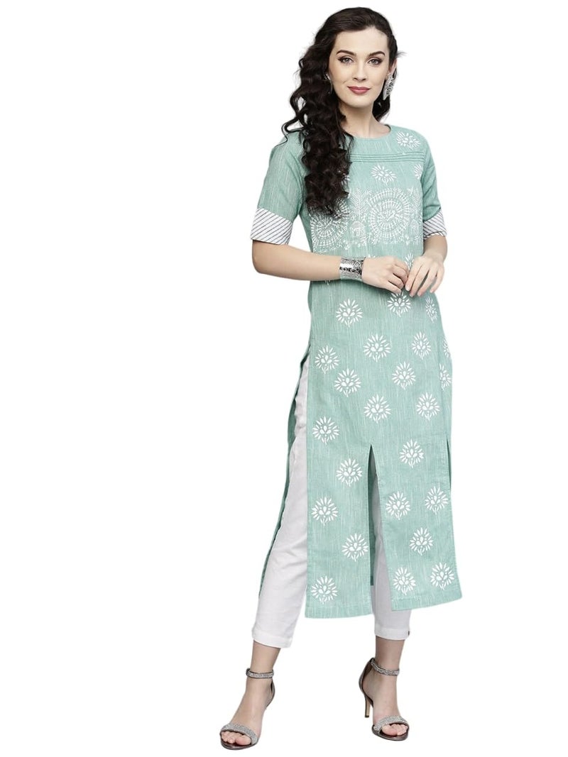 Pannkh Women's Pintuck Style Printed Chambray Kurta Elegant Cotton Kurti with Ethnic Motifs Ideal for Office or Festive Casual - Image 5