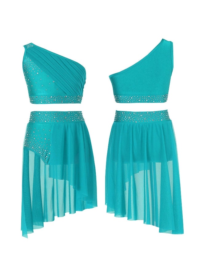 Kids Girls Lyrical Dance Outfit Set Overlay One Shoulder Crop Top with Skirted Briefs Rhinestone Sheer Mesh Dancewear Costume