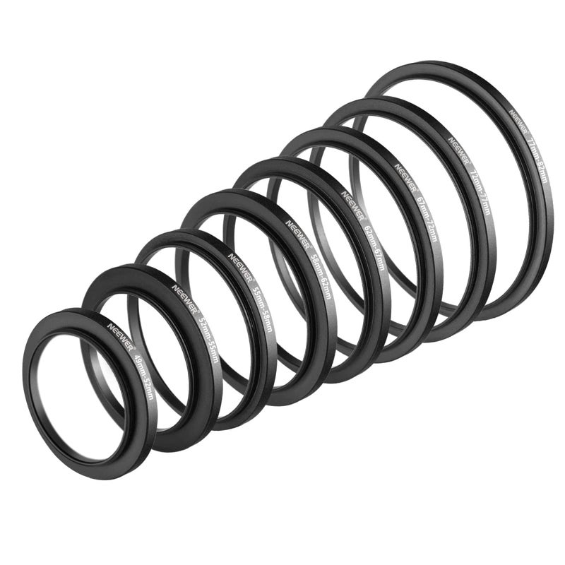 Neewer® 8 Pieces Step-up Adapter Ring Set Made of Premium Anodized Aluminum, Includes: 49-52mm, 52-55mm, 55-58mm, 58-62mm, 62-67mm, 67-72mm, 72-77mm, 77-82mm-Black - Image 1