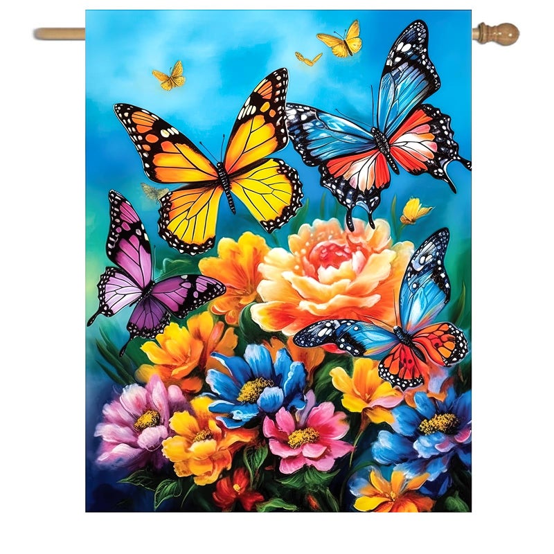 DZGlobal Spring Summer House Flags 28x40 Double Sided Large Butterfly Garden Flag Flower Yard Flags for Outside Butterflies Outdoor Decorative Floral Welcome Flags - Image 1