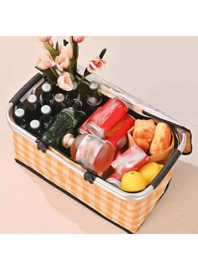 Generic 22-litre picnic basket, foldable portable cooler bag, grocery bag and shopping basket with aluminium handles for shopping, travelling and camping (red mesh)  - Image 3