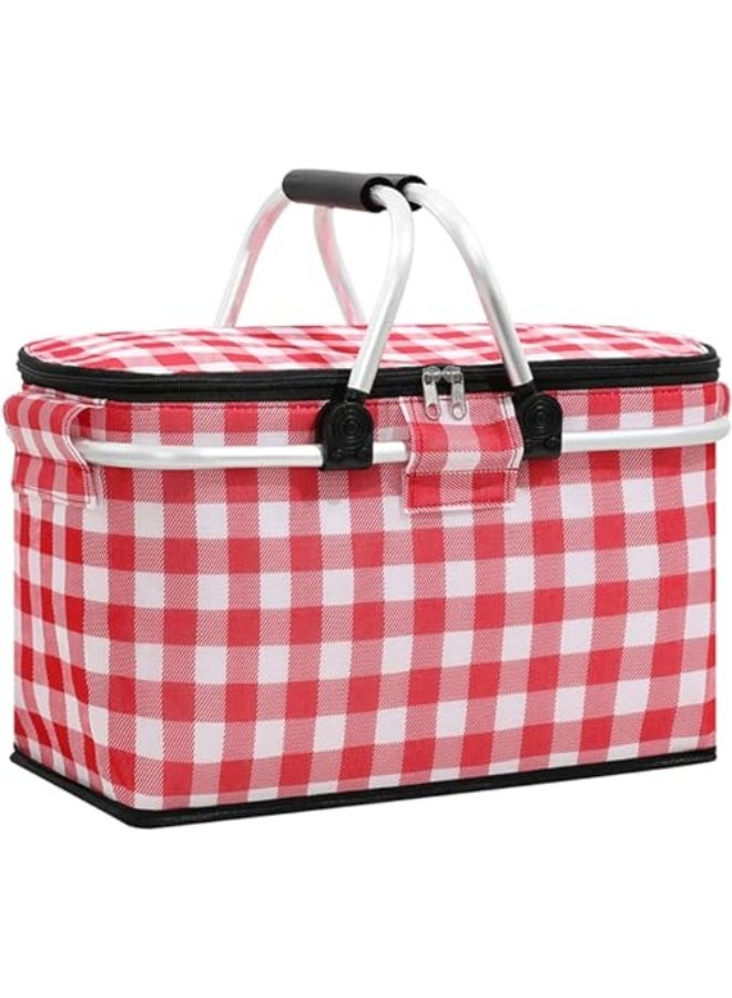 Generic 22-litre picnic basket, foldable portable cooler bag, grocery bag and shopping basket with aluminium handles for shopping, travelling and camping (red mesh)  - Image 1