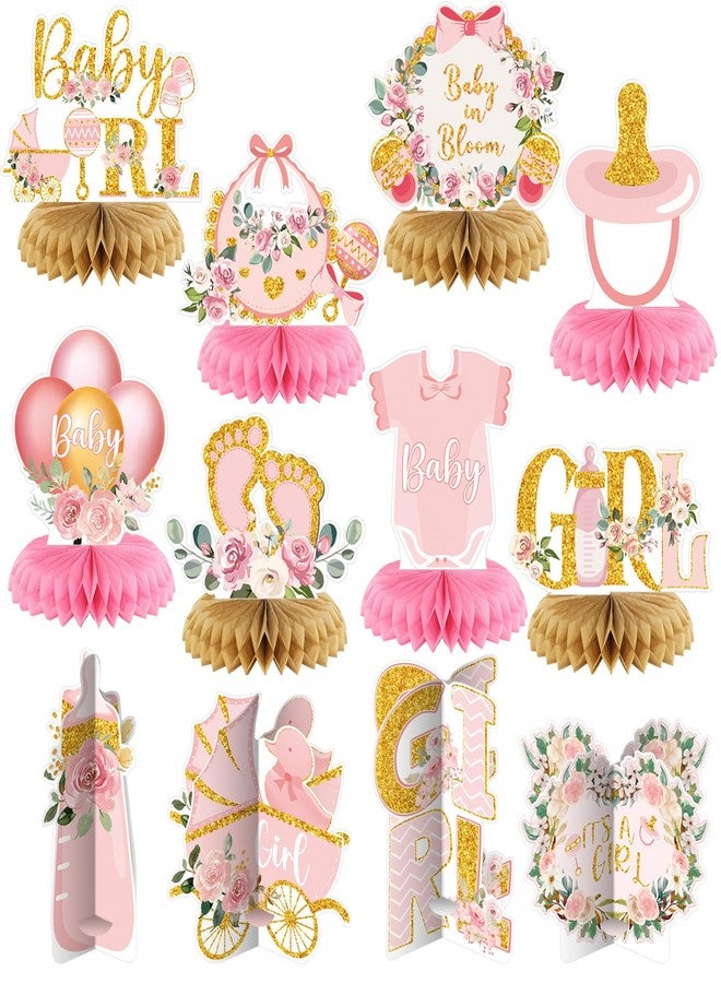 Pickmesh 12 Pieces Baby Shower Decorations Honeycomb Baby Shower Table Centerpieces Table Decorations Topper for Gender Reveal Birthday Party Supplies(Golden Girl) - Image 1