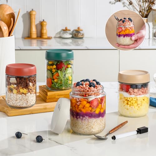 DIMBRAH Overnight Oats Containers with Lids,16oz Glass Jars with Lids - Set Of 4, Practical Oatmeal Container to Go, Chia Seed Pudding Jars, Baby Food Containers - Image 4
