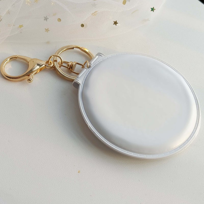 Generic Korean Style Candy Color Makeup Mirror Leather Small Round Mirror Portable Folding Makeup Mirror Keychain Double-sided Mirror Hair Ball Pendant White
