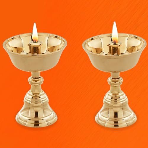 SACCH Pure Brass Akhand Diya (Set of 2) | Handcrafted Tall Pedestal Pooja Diya Pair | Deepam for Home Mandir & Spiritual Lighting | Diwali Return Gifts, Home Decor & Religious Accessories - Image 2