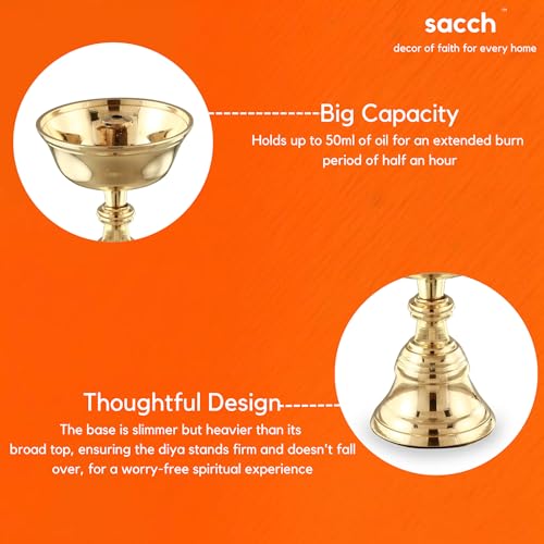 SACCH Pure Brass Akhand Diya (Set of 2) | Handcrafted Tall Pedestal Pooja Diya Pair | Deepam for Home Mandir & Spiritual Lighting | Diwali Return Gifts, Home Decor & Religious Accessories - Image 4