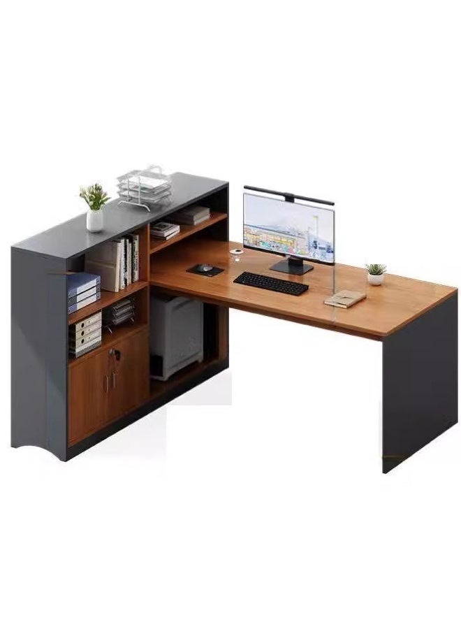 keke Modern L-Shaped Office Desk with Left-Side High Cabinet – Single Workstation Table in Grey and Brown – 140x140x110 cm - Image 4