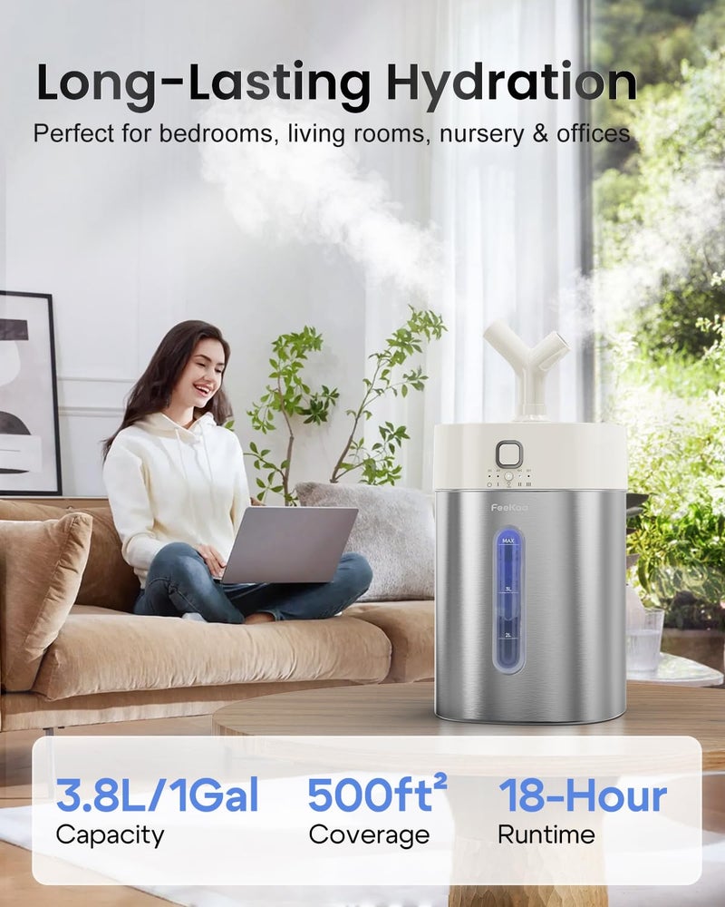 Feekaa Stainless Steel Humidifier, 3.8L/1Gal Cool Mist Humidifiers for Bedroom up to 500 sq ft, Easy Clean Dishwasher Safe Humidifiers for Baby, Humidifier Large Room Nursery Living Room Office, White - Image 2