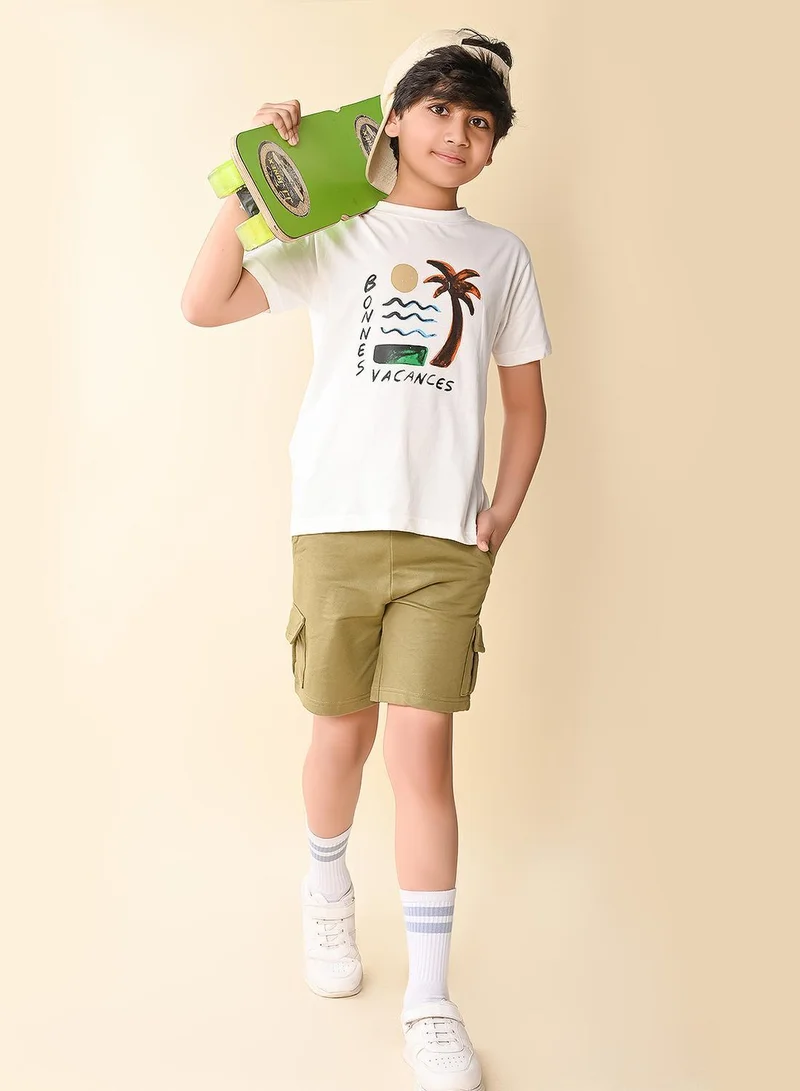 LILPICKS Off White And Green Drawstring Shorts Sets For Boys