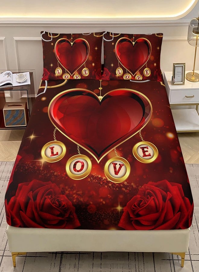 AILONEN Romantic Red Crystal Heart Bedding Set Queen Size,3-Piece Red Roses Fitted Sheet Set, for Newlyweds,1 Fitted Sheet + 2 Pillowcases - Image 1